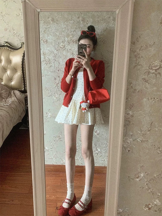 2025 Spring Outfit Set: Complete OOTD Outfit - Red Knit Cardigan and Polka Dot Camisole Dress (Two-Piece Set)