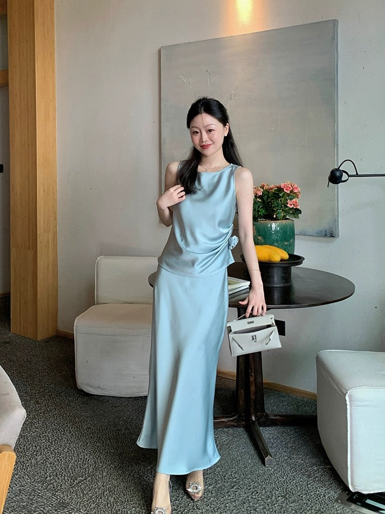 Wang Hanyan Cool Temperament Imitation Acetate Satin Design Suit Feminine Skirt Top Two-piece Summer Set for Women
