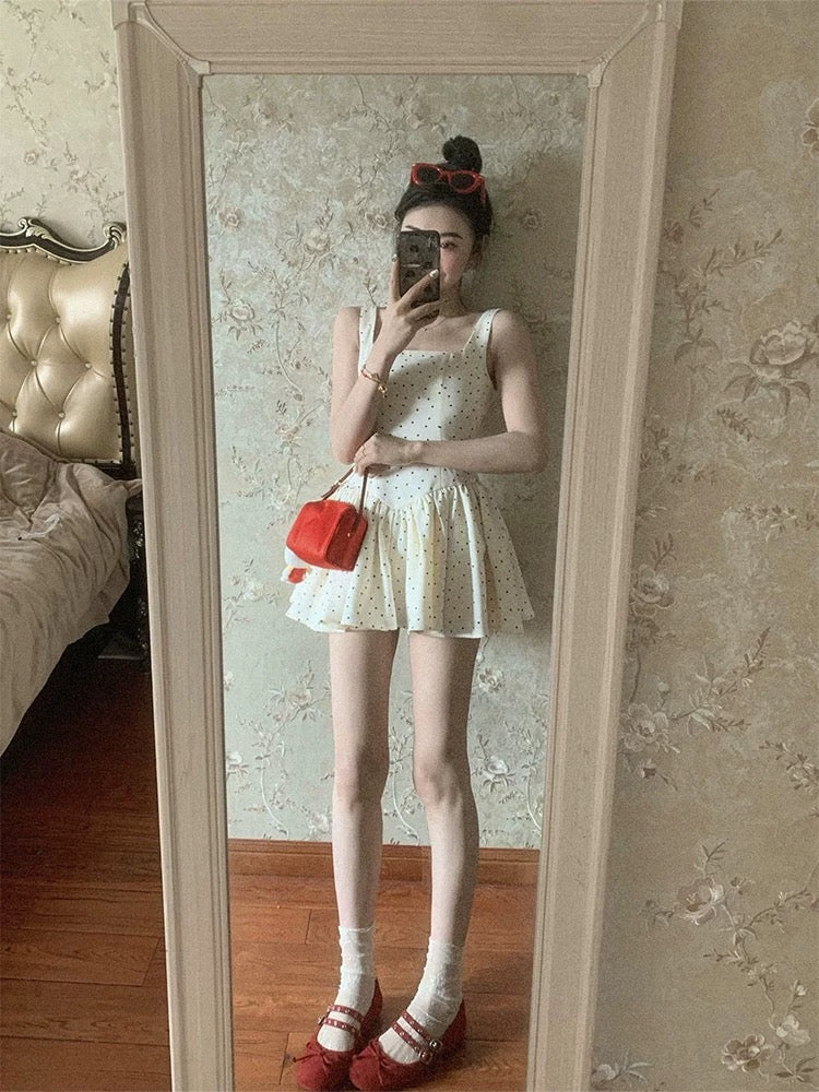 2025 Spring Outfit Set: Complete OOTD Outfit - Red Knit Cardigan and Polka Dot Camisole Dress (Two-Piece Set)