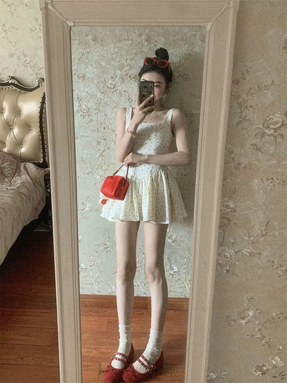 2025 Spring Outfit Set: Complete OOTD Outfit - Red Knit Cardigan and Polka Dot Camisole Dress (Two-Piece Set)