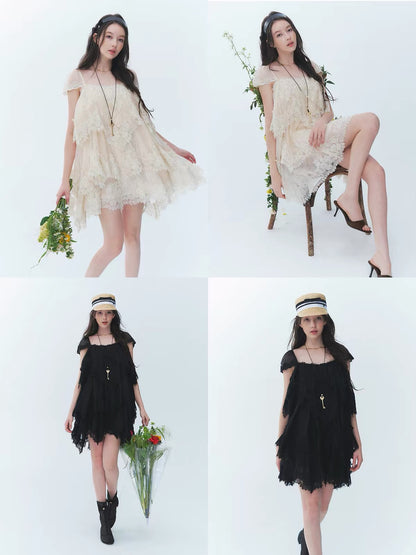 【LaluneDuCiel】Holiday Beach – Vintage-Style, Intricately Detailed, Asymmetrical Tiered Lace Dress (Summer)