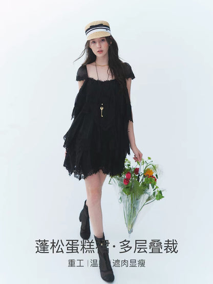 【LaluneDuCiel】Holiday Beach – Vintage-Style, Intricately Detailed, Asymmetrical Tiered Lace Dress (Summer)