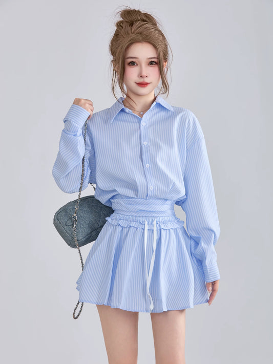 Spring style college style fashion outfit suit blue striped shirt high waist pleated skirt two piece suit