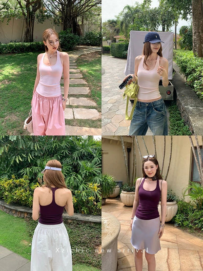 Xzichic comes with chest pad halter neck strap beautiful back I-shaped vest female 2025 summer bottoming top outer wear