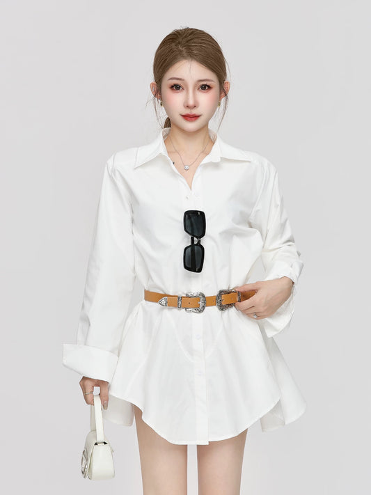 Small P French slim simple shirt women's spring and autumn new temperament long sleeves medium length shirt dress tops
