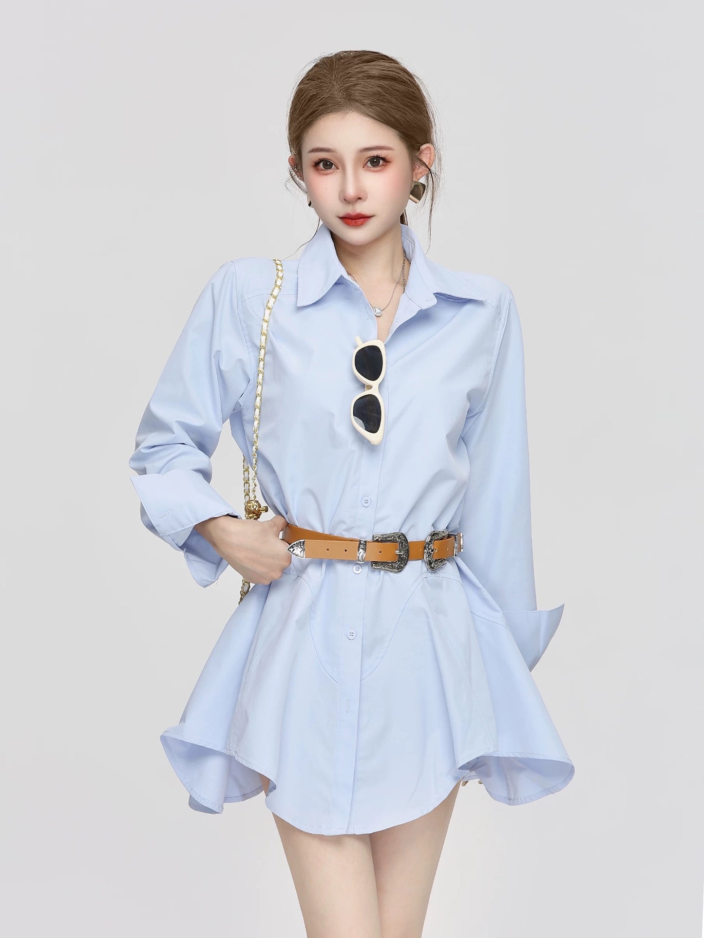 Small P French slim simple shirt women's spring and autumn new temperament long sleeves medium length shirt dress tops