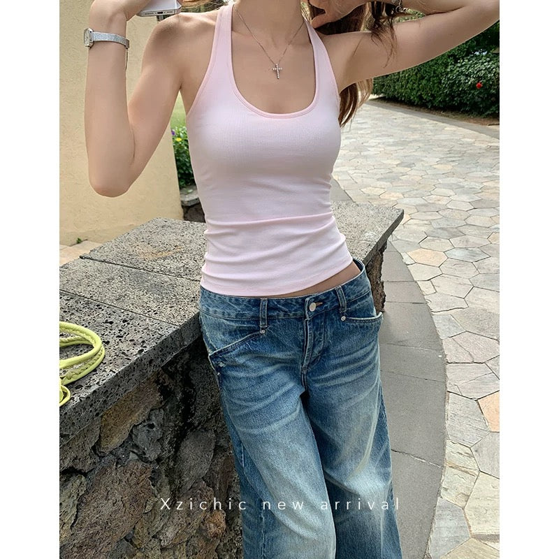 Xzichic comes with chest pad halter neck strap beautiful back I-shaped vest female 2025 summer bottoming top outer wear
