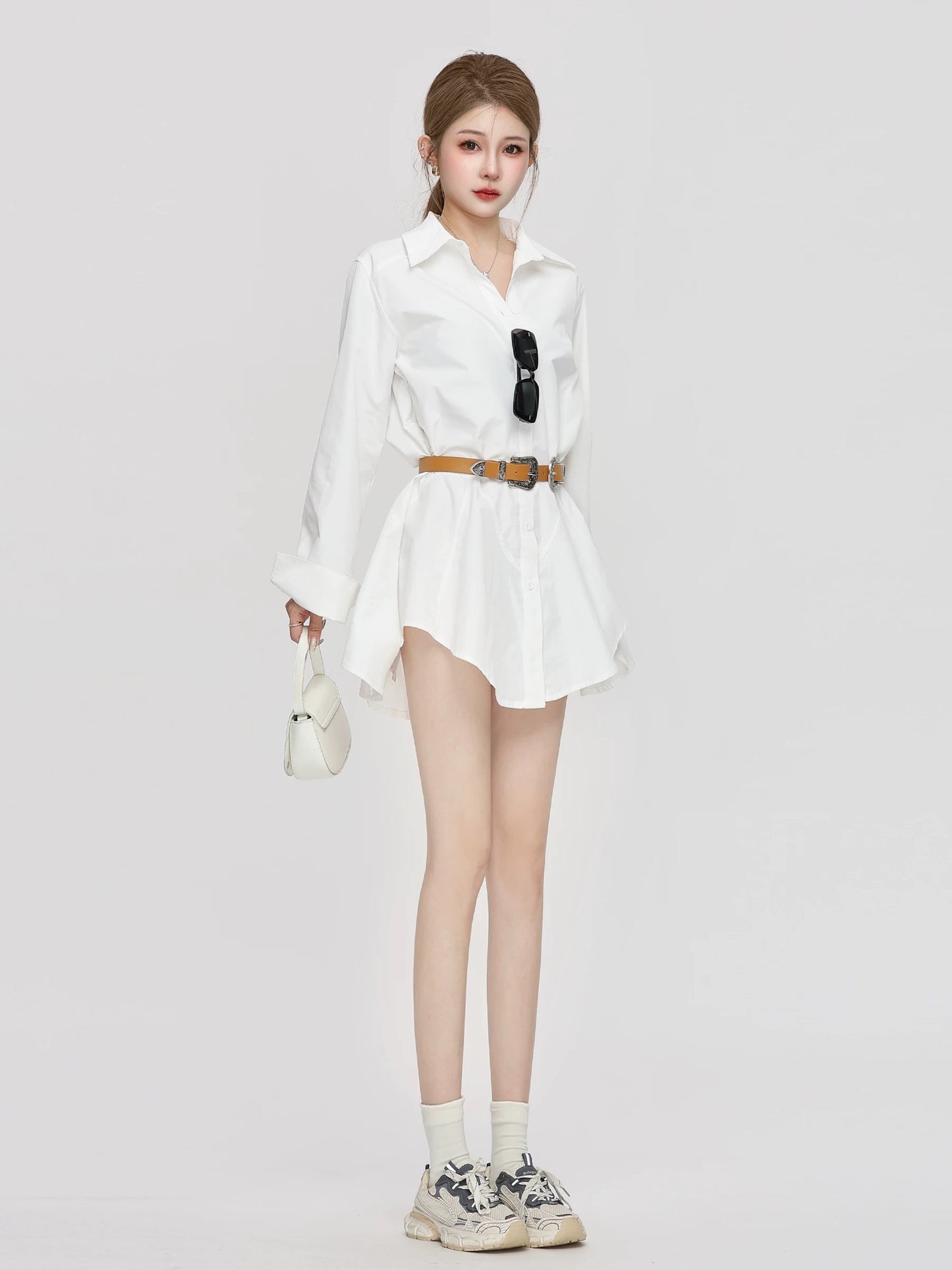 Small P French slim simple shirt women's spring and autumn new temperament long sleeves medium length shirt dress tops