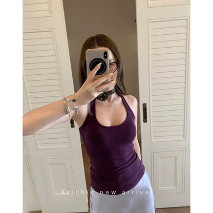 Xzichic comes with chest pad halter neck strap beautiful back I-shaped vest female 2025 summer bottoming top outer wear