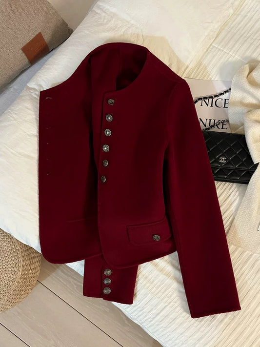 Red temperament small fragrance style double-sided cashmere wool short coat women 2025 autumn and winter new 69 wool high-end tops