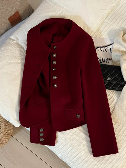 Red temperament small fragrance style double-sided cashmere wool short coat women 2025 autumn and winter new 69 wool high-end tops