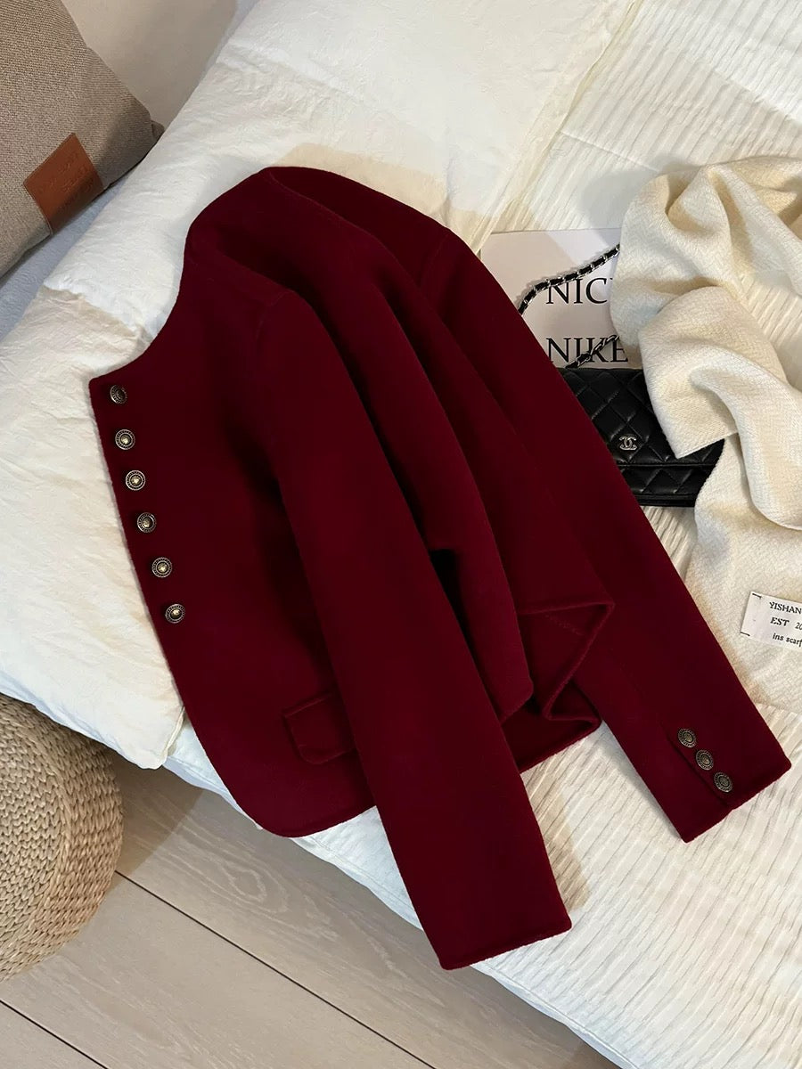 Red temperament small fragrance style double-sided cashmere wool short coat women 2025 autumn and winter new 69 wool high-end tops