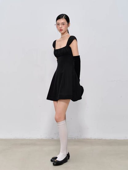 Special Offer] LaluneDuCiel French-Style Black Tencel Dress – Square-Neck, Waist-Defining, Slimming, and Sexy