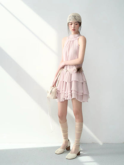 [Special Offer] LaluneDuCiel French-Style Halter-Neck Tiered Mini Dress for Women (Summer)