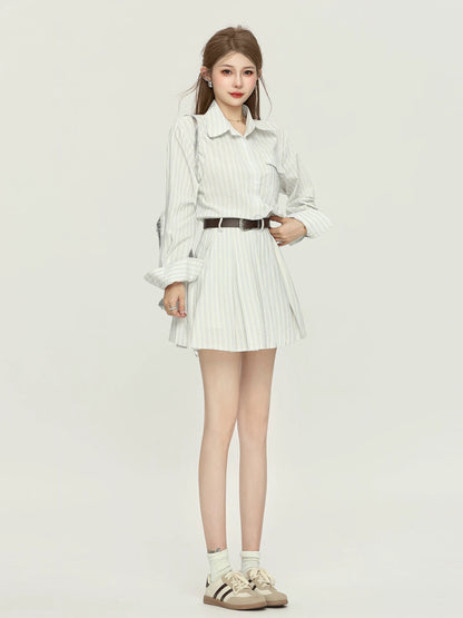 Xiao P Clothing Station Korean retro design dress for women in early autumn, small waist and slim striped shirt dress