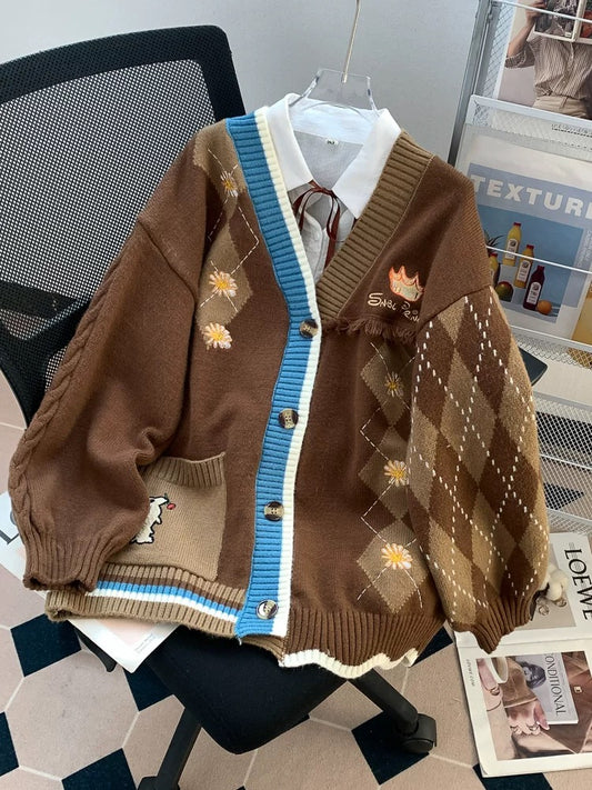 Retro Maillard V-neck knitted cardigan for women, 2024 autumn new style, loose and lazy style wool sweater