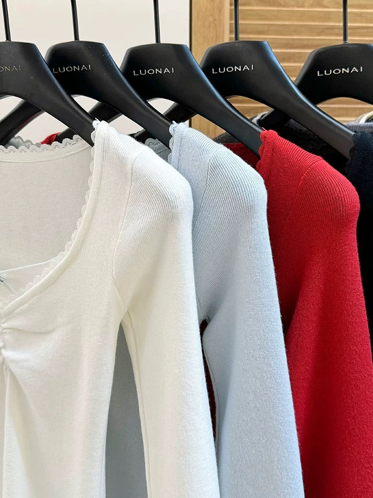 V-neck sweater for women autumn 2024 new design bow lace short long-sleeved top bottoming shirt for women