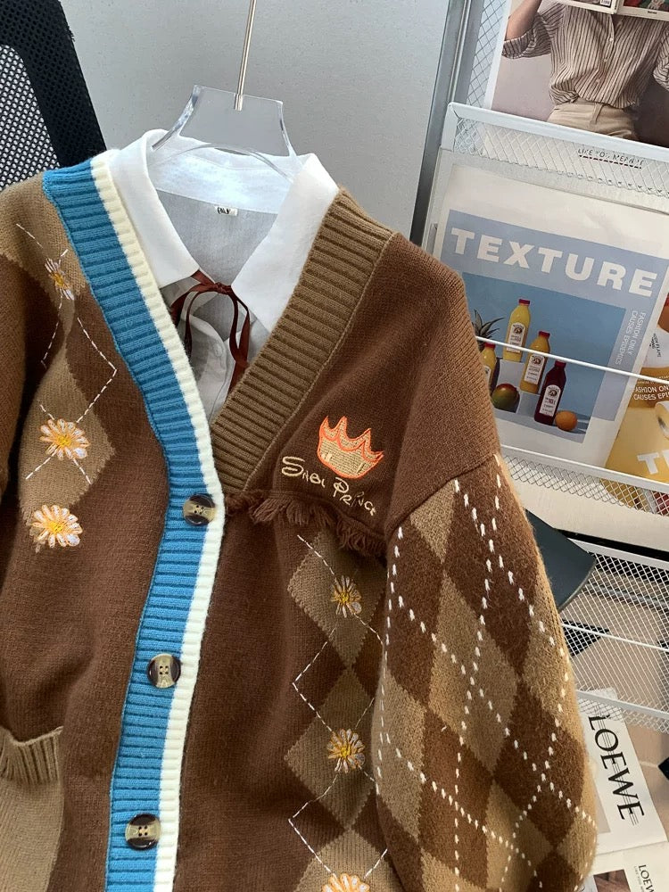 Retro Maillard V-neck knitted cardigan for women, 2024 autumn new style, loose and lazy style wool sweater