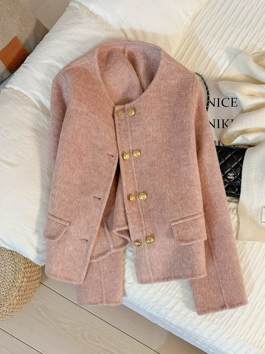 Pink exquisite lady small fragrance style wool double-sided short coat women 2025 autumn and winter new warm cashmere coat