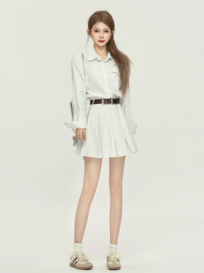 Xiao P Clothing Station Korean retro design dress for women in early autumn, small waist and slim striped shirt dress
