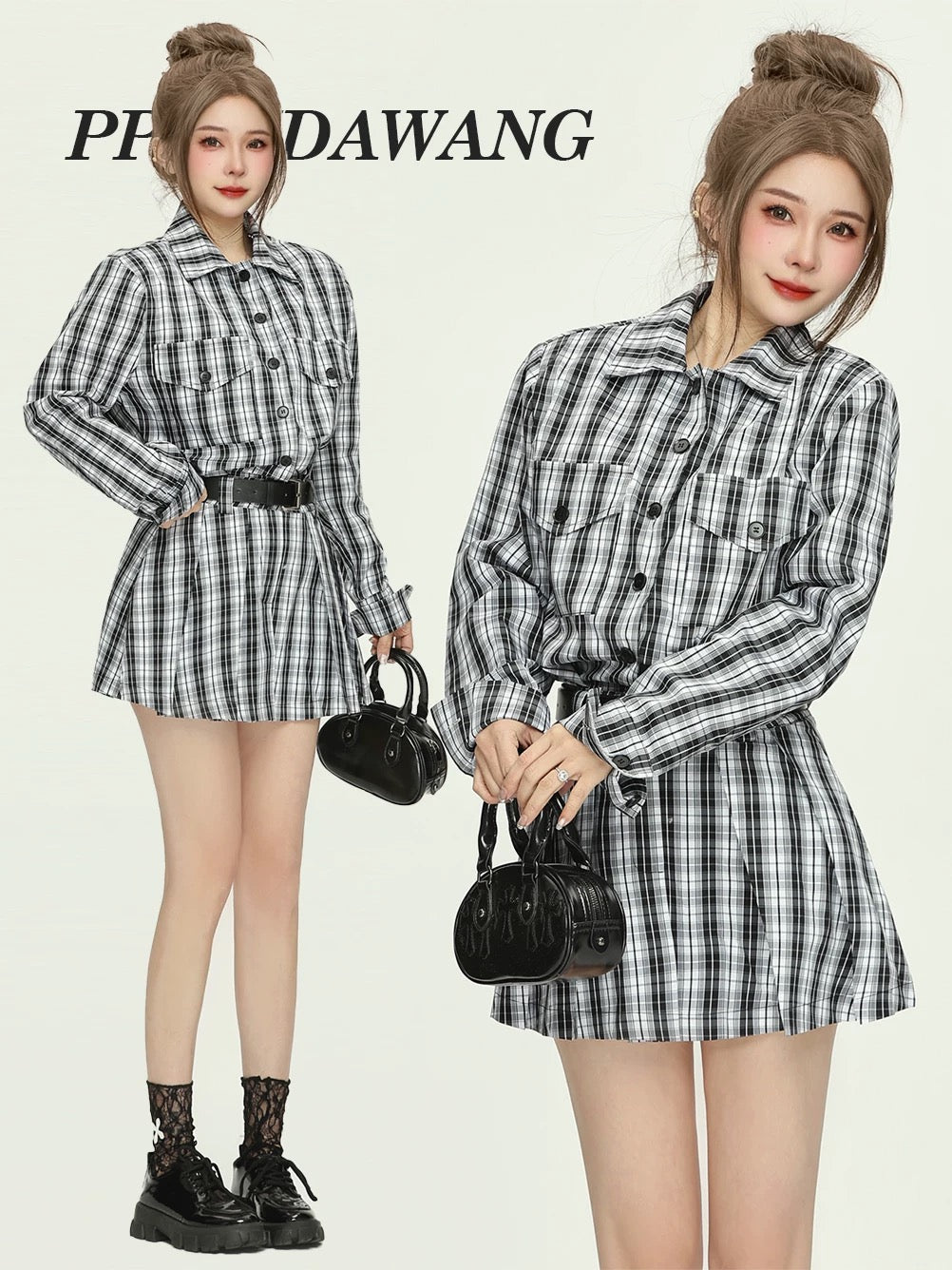 PPWUDAWANG Korean style design plaid shirt dress women's spring season high-end loose slim short skirt