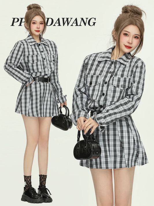 PPWUDAWANG Korean style design plaid shirt dress women's spring season high-end loose slim short skirt