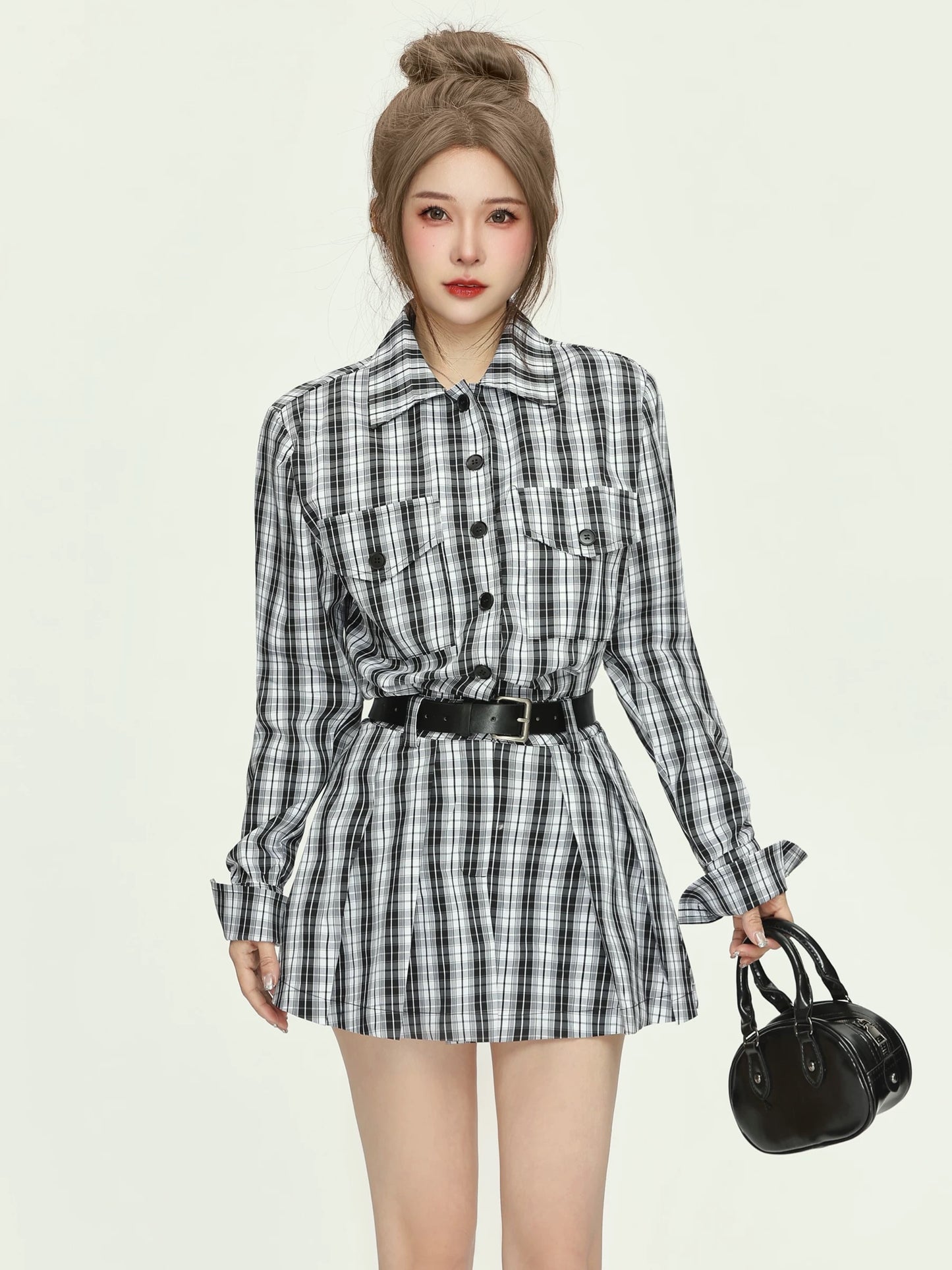 PPWUDAWANG Korean style design plaid shirt dress women's spring season high-end loose slim short skirt
