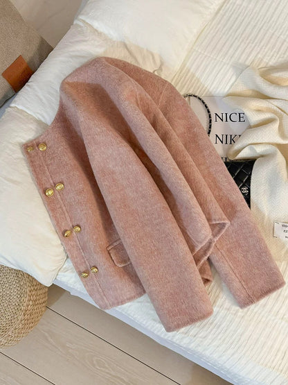 Pink exquisite lady small fragrance style wool double-sided short coat women 2025 autumn and winter new warm cashmere coat