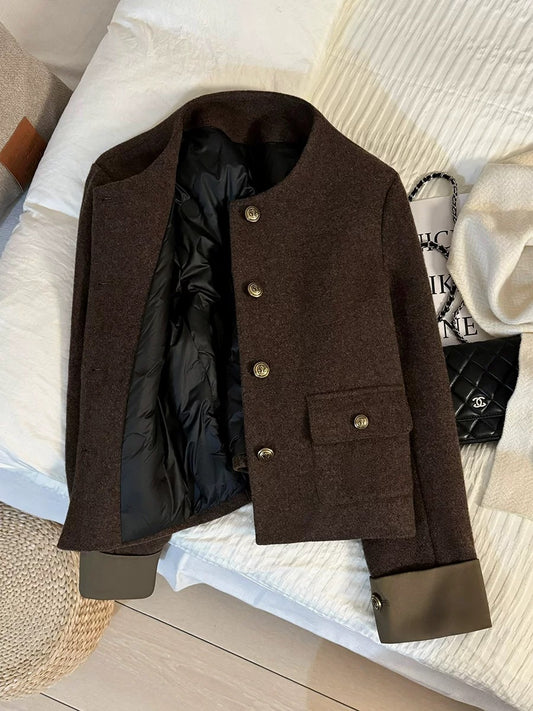 Brown retro celebrity short jacket for women 2025 winter new style down lining warm temperament top Korean