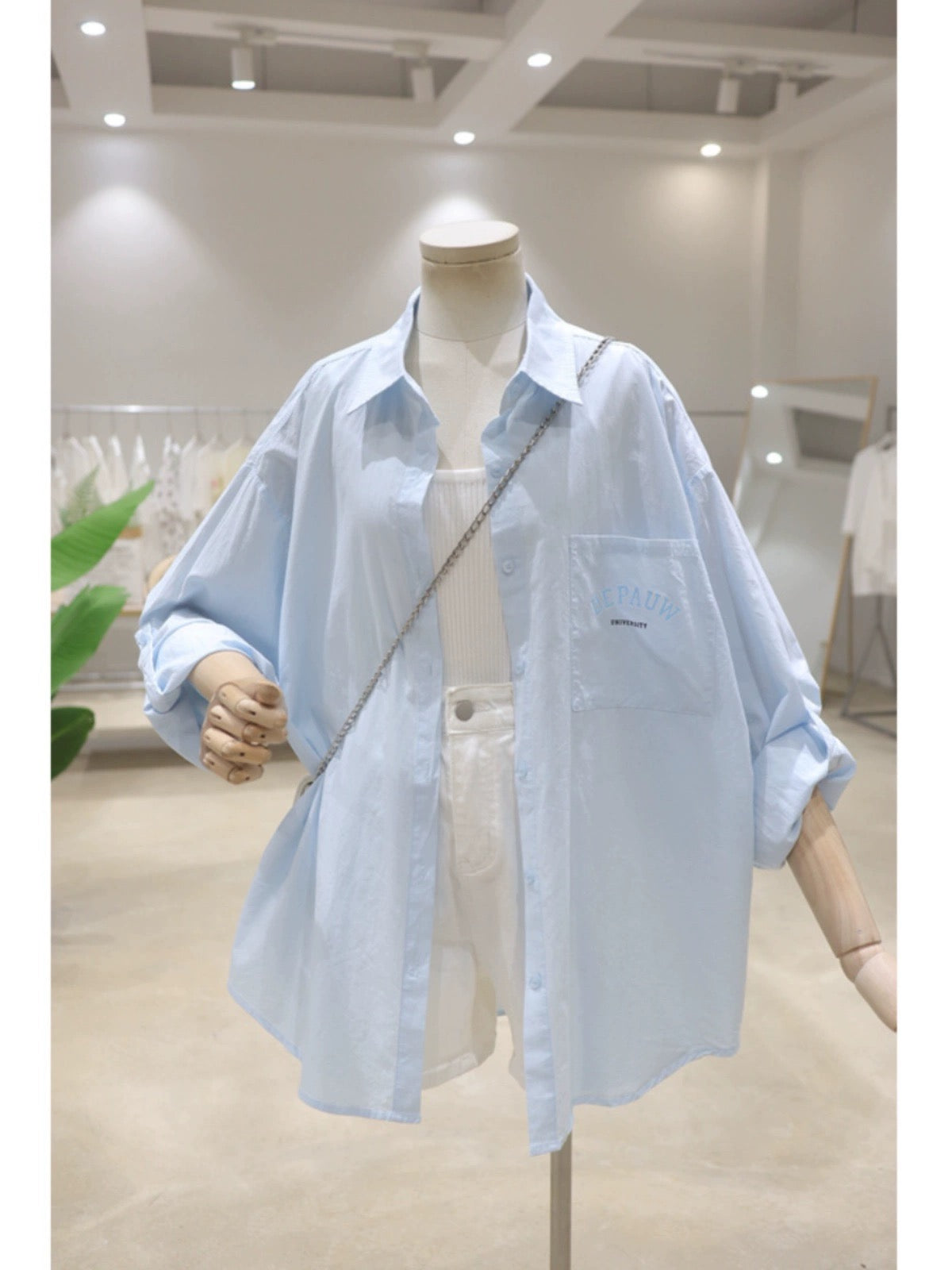 Rollable sleeves breathable back letter print 2024 summer loose mid-length cotton thin long-sleeved shirt for women