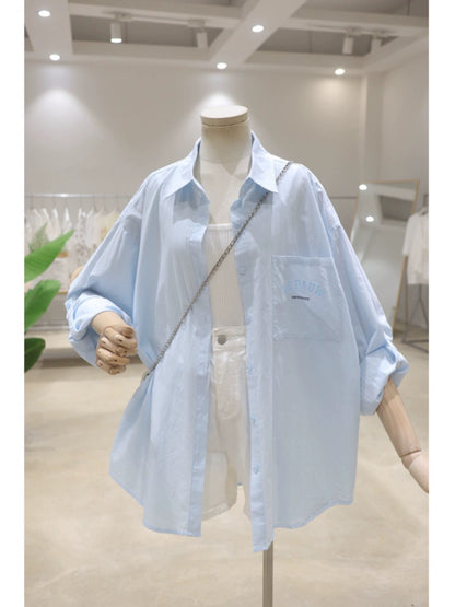 Rollable sleeves breathable back letter print 2024 summer loose mid-length cotton thin long-sleeved shirt for women