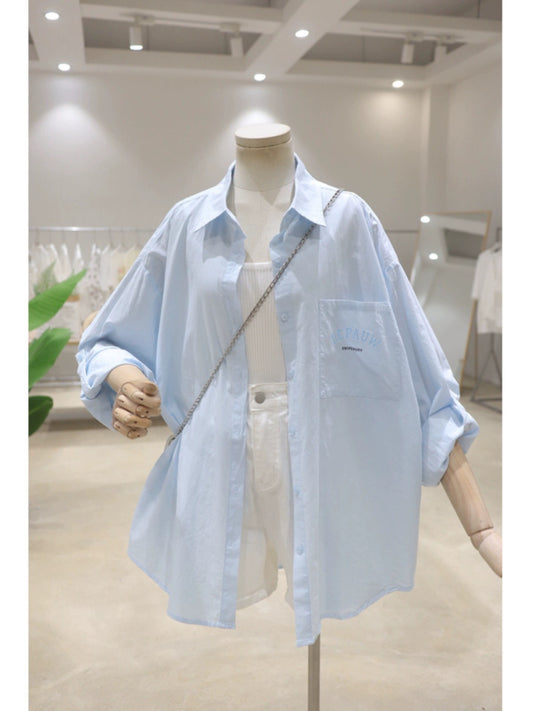 Rollable sleeves breathable back letter print 2024 summer loose mid-length cotton thin long-sleeved shirt for women