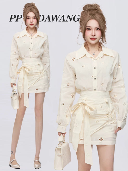 PPWUDAWANG French sunscreen long-sleeved hollow shirt women's spring and autumn small hip skirt two-piece suit
