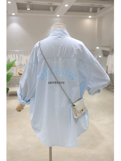 Rollable sleeves breathable back letter print 2024 summer loose mid-length cotton thin long-sleeved shirt for women