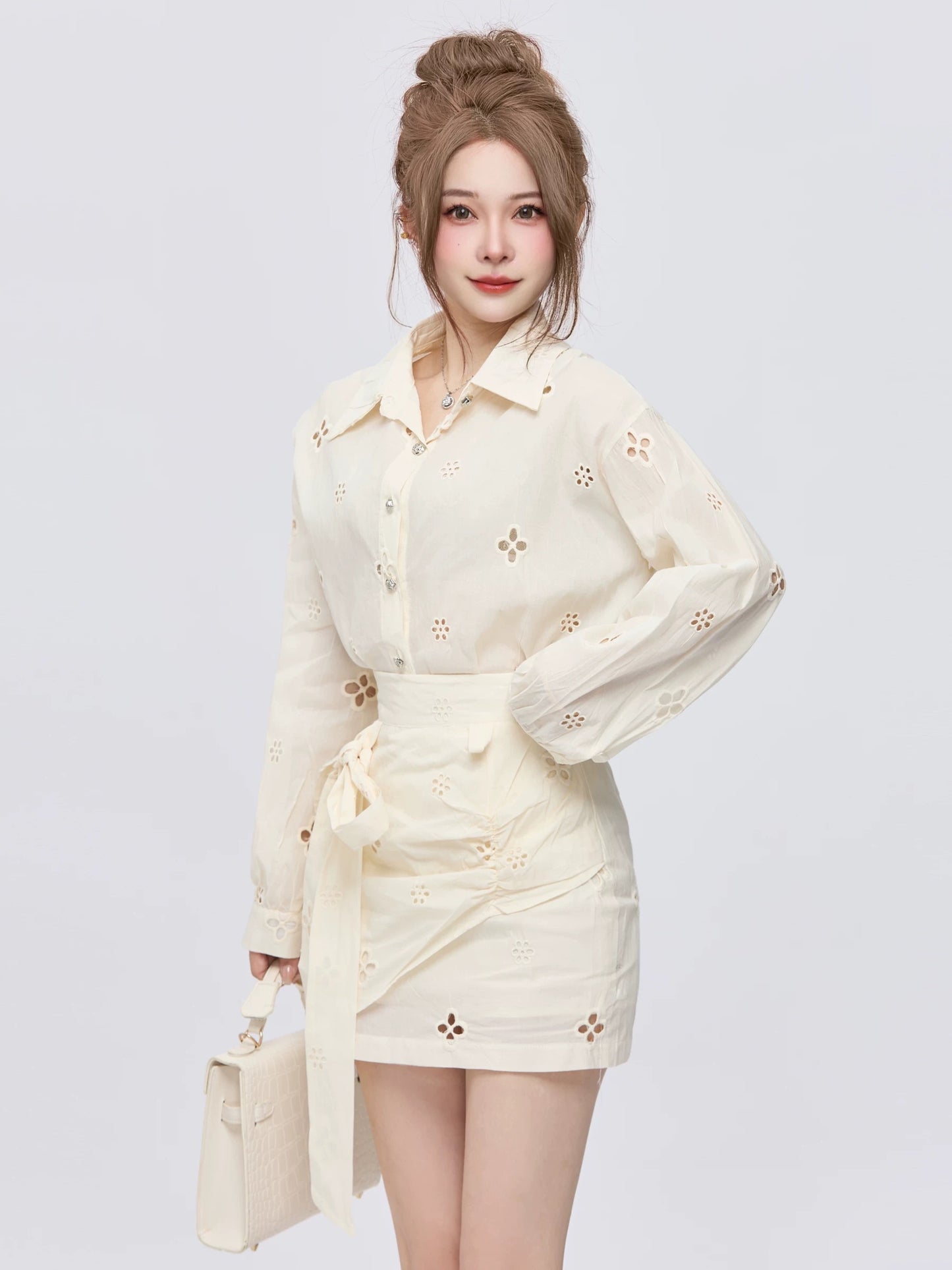 PPWUDAWANG French sunscreen long-sleeved hollow shirt women's spring and autumn small hip skirt two-piece suit