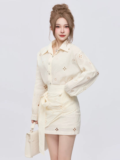 PPWUDAWANG French sunscreen long-sleeved hollow shirt women's spring and autumn small hip skirt two-piece suit