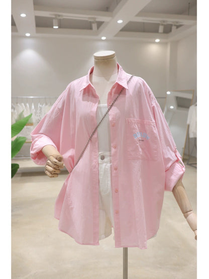 Rollable sleeves breathable back letter print 2024 summer loose mid-length cotton thin long-sleeved shirt for women