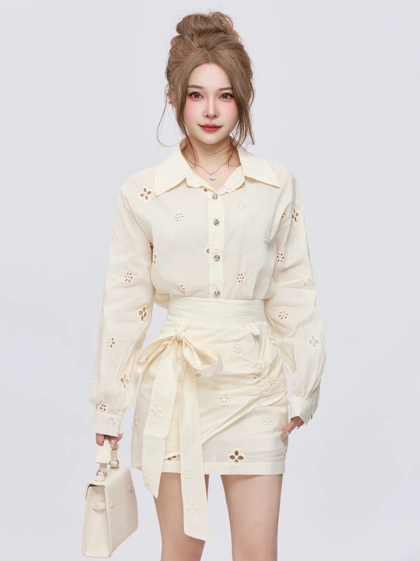 PPWUDAWANG French sunscreen long-sleeved hollow shirt women's spring and autumn small hip skirt two-piece suit
