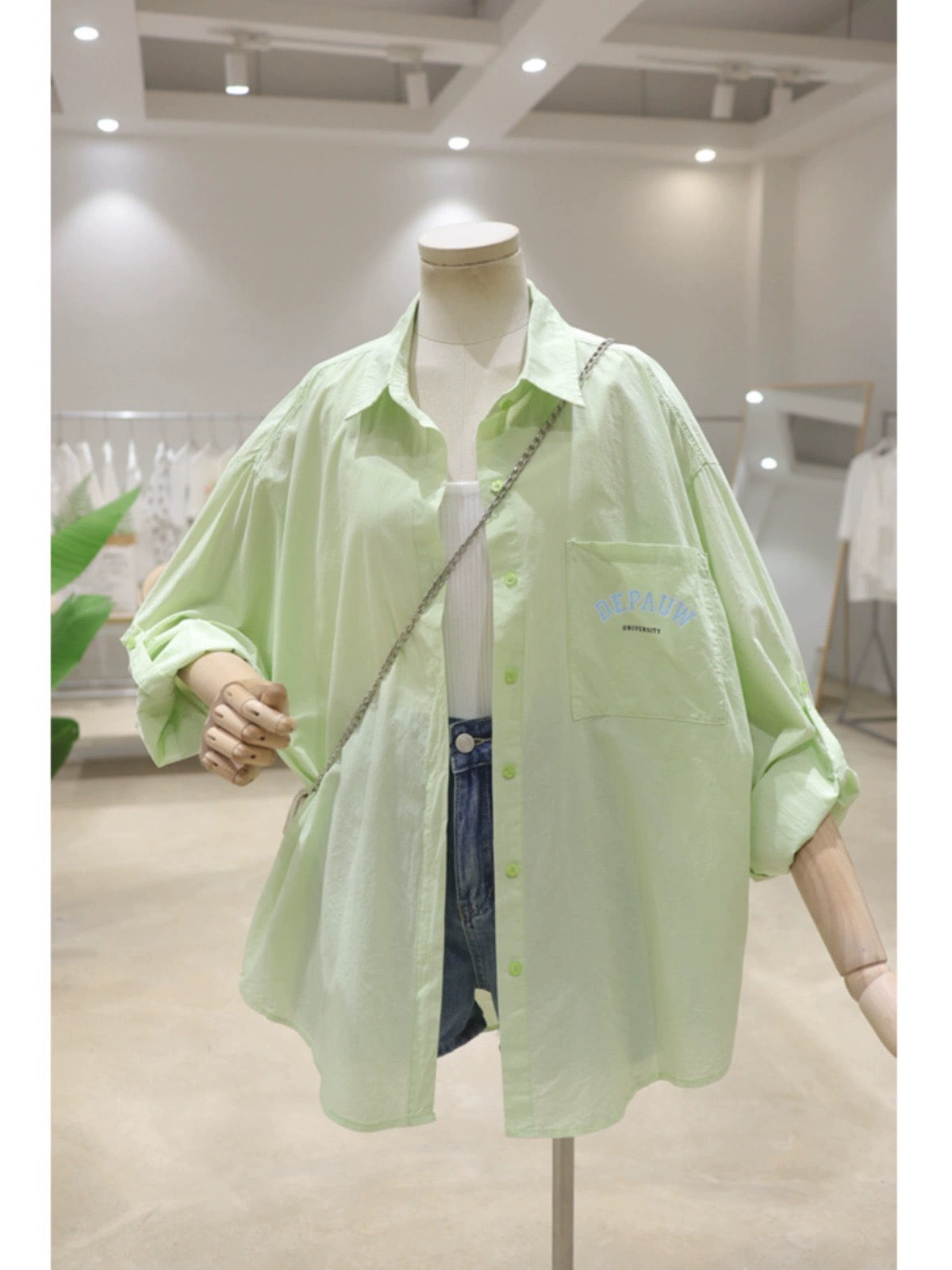 Rollable sleeves breathable back letter print 2024 summer loose mid-length cotton thin long-sleeved shirt for women