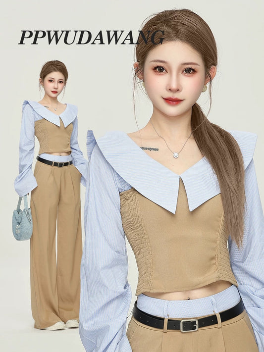 PPWUDAWANG Temperament Striped Short Long Sleeve Shirt Women's Spring and Autumn High Waist Straight Trousers Two-piece Set