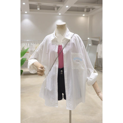 Rollable sleeves breathable back letter print 2024 summer loose mid-length cotton thin long-sleeved shirt for women