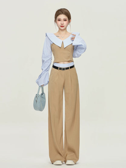 PPWUDAWANG Temperament Striped Short Long Sleeve Shirt Women's Spring and Autumn High Waist Straight Trousers Two-piece Set