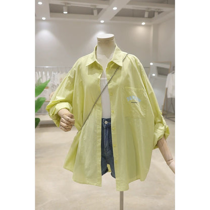 Rollable sleeves breathable back letter print 2024 summer loose mid-length cotton thin long-sleeved shirt for women