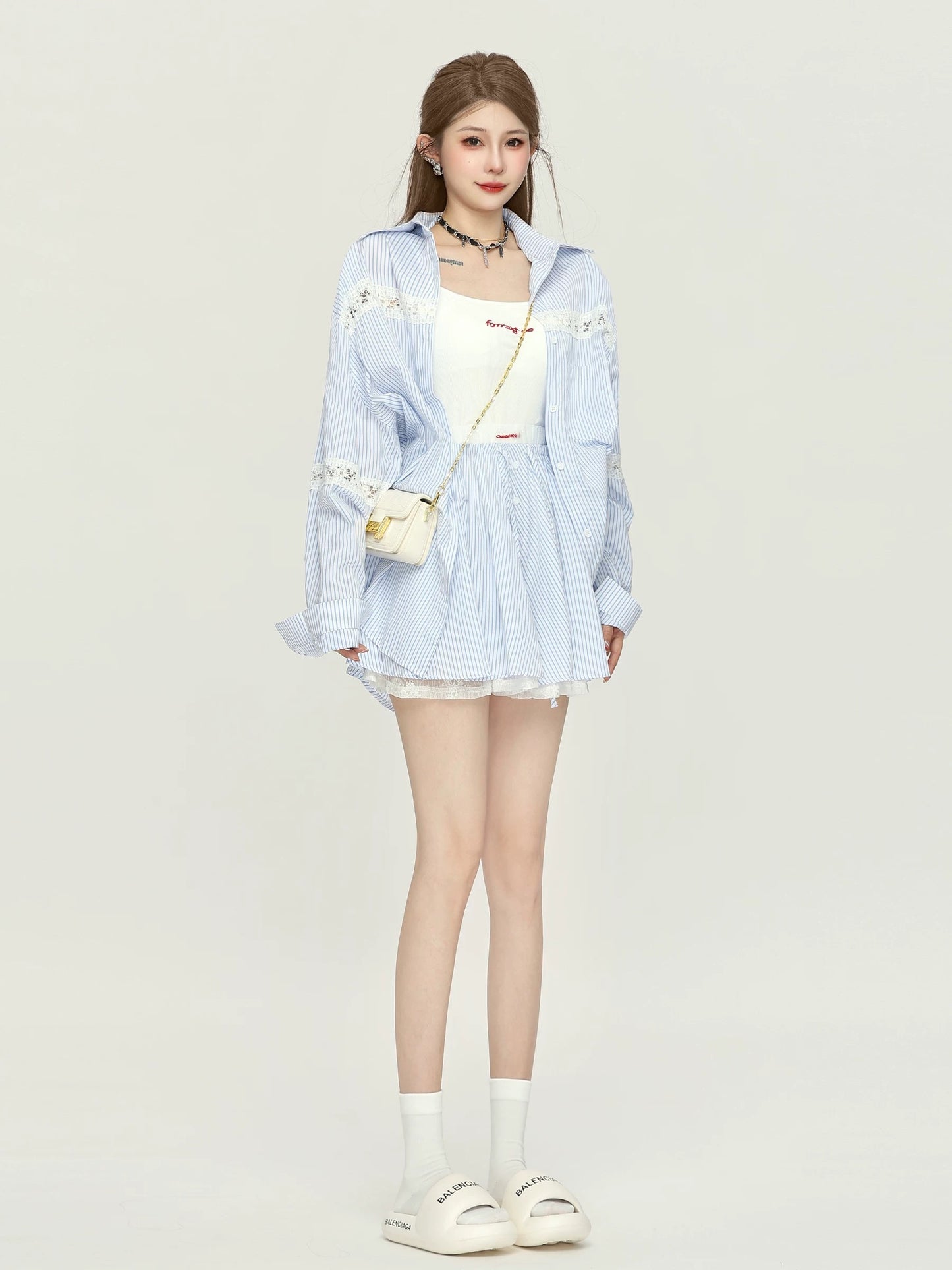 Xiao P Clothing Station Korean style chic suit skirt women's early autumn wear striped shirt high waist A-line short skirt suspenders three-piece suit