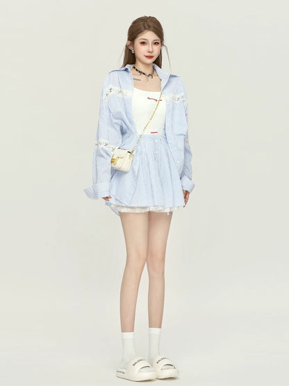 Xiao P Clothing Station Korean style chic suit skirt women's early autumn wear striped shirt high waist A-line short skirt suspenders three-piece suit