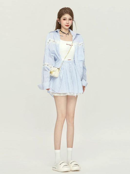 Xiao P Clothing Station Korean style chic suit skirt women's early autumn wear striped shirt high waist A-line short skirt suspenders three-piece suit