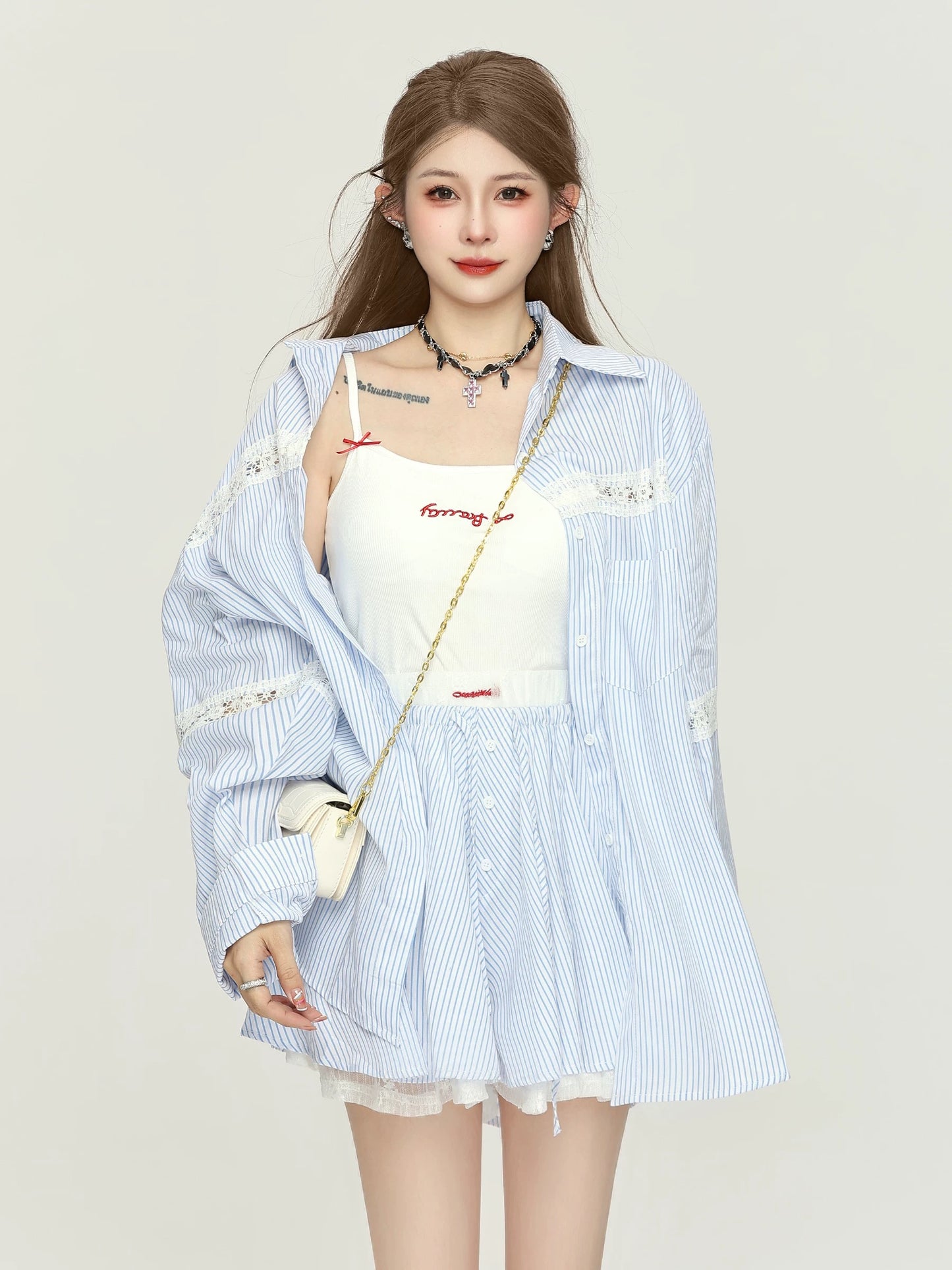 Xiao P Clothing Station Korean style chic suit skirt women's early autumn wear striped shirt high waist A-line short skirt suspenders three-piece suit