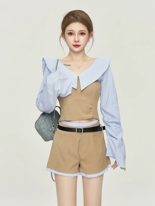 Little P clothing station French temperament splicing striped long-sleeved shirt women's spring and autumn high waist slim suit shorts two-piece suit