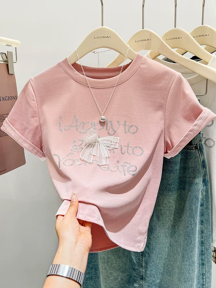 Pink bow hot diamond right shoulder short-sleeved T-shirt for women slim summer American retro unique short-sleeved top