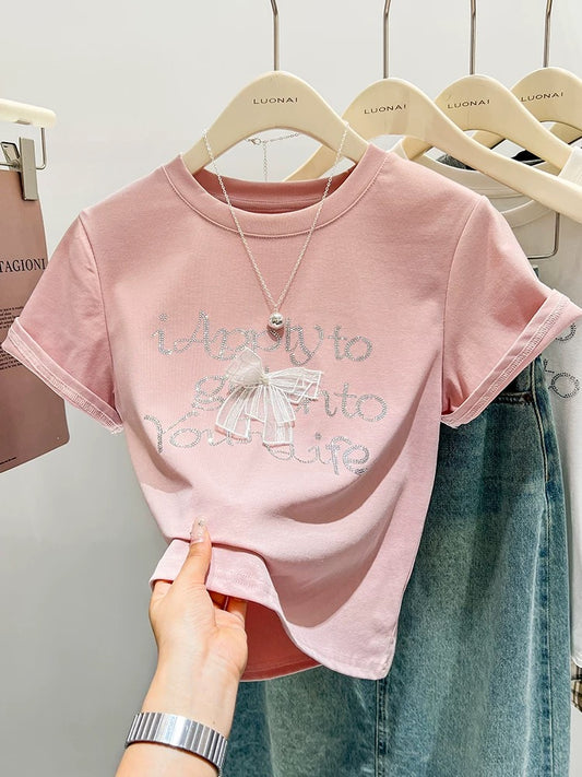 Pink bow hot diamond right shoulder short-sleeved T-shirt for women slim summer American retro unique short-sleeved top